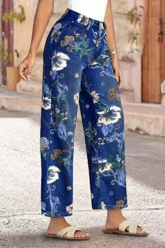 yoeasy Women's Straight Leg Jeans High Rise Vintage Floral Printed Wide Leg Trendy Stretchy Baggy Casual Denim Pants in Saudi Arabia
