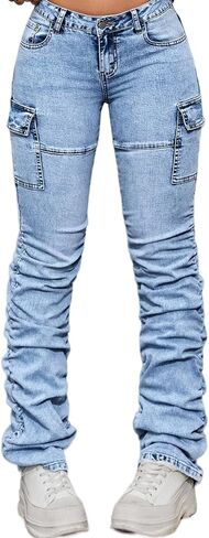 Women's Stacked Jeans Mid Rise Bootcut Skinny Stretchy Denim Pants Trousers in Saudi Arabia