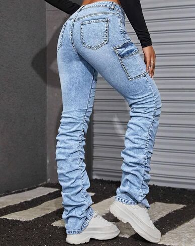 Women's Stacked Jeans Mid Rise Bootcut Skinny Stretchy Denim Pants Trousers in Saudi Arabia