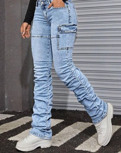 Women's Stacked Jeans Mid Rise Bootcut Skinny Stretchy Denim Pants Trousers in Saudi Arabia