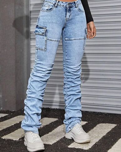 Women's Stacked Jeans Mid Rise Bootcut Skinny Stretchy Denim Pants Trousers in Saudi Arabia