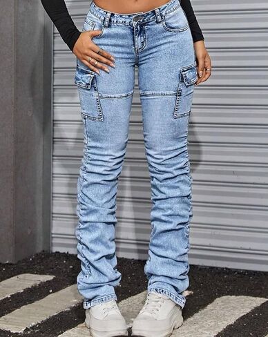 Women's Stacked Jeans Mid Rise Bootcut Skinny Stretchy Denim Pants Trousers in Saudi Arabia