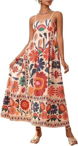 Floerns Women's Spaghetti Strap Tropical Dress Shirred Vacation Cami Maxi Dress in Kuwait