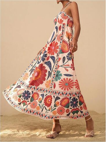 Floerns Women's Spaghetti Strap Tropical Dress Shirred Vacation Cami Maxi Dress in Kuwait