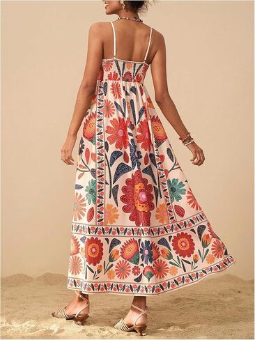 Floerns Women's Spaghetti Strap Tropical Dress Shirred Vacation Cami Maxi Dress in Kuwait