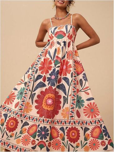 Floerns Women's Spaghetti Strap Tropical Dress Shirred Vacation Cami Maxi Dress in Kuwait