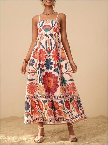 Floerns Women's Spaghetti Strap Tropical Dress Shirred Vacation Cami Maxi Dress in Kuwait