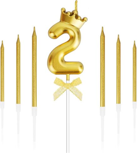 Birthday Candles 2nd Number Candles Gold Birthday Cake Candles 2 Years Old Crown Candles for Cake Topper with 6 Long Thin Candles for Girl Birthday Party Anniversary Celebration Wedding Supplies Decor in Kuwait