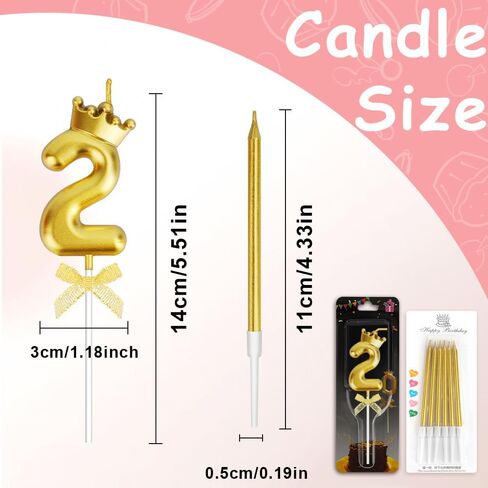 Birthday Candles 2nd Number Candles Gold Birthday Cake Candles 2 Years Old Crown Candles for Cake Topper with 6 Long Thin Candles for Girl Birthday Party Anniversary Celebration Wedding Supplies Decor in Kuwait