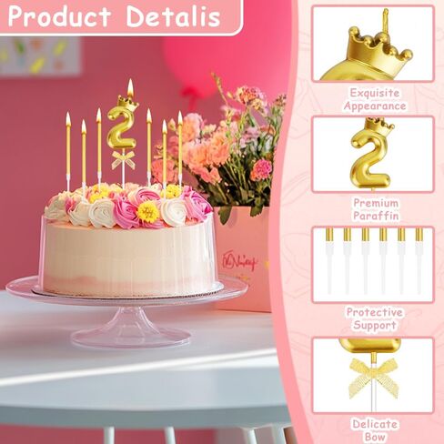 Birthday Candles 2nd Number Candles Gold Birthday Cake Candles 2 Years Old Crown Candles for Cake Topper with 6 Long Thin Candles for Girl Birthday Party Anniversary Celebration Wedding Supplies Decor in Kuwait