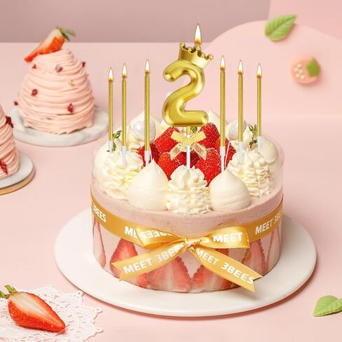 Birthday Candles 2nd Number Candles Gold Birthday Cake Candles 2 Years Old Crown Candles for Cake Topper with 6 Long Thin Candles for Girl Birthday Party Anniversary Celebration Wedding Supplies Decor in Kuwait