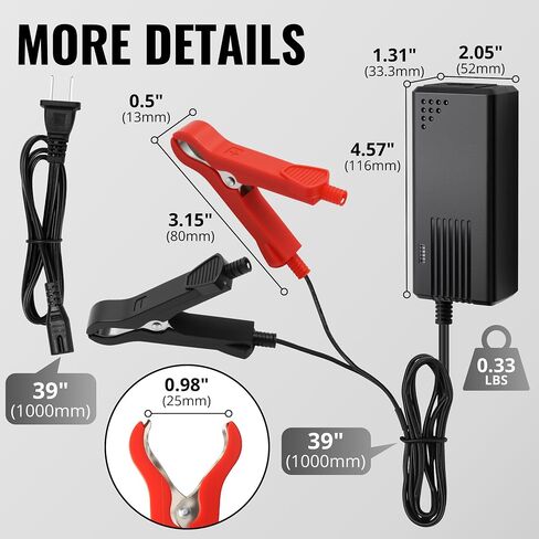 12V 1A DC شاحن البطارية الذكي ، مع موصل مقاطع التمساح المزدوج ، قابلة للتوصيل لبطارية فوسفات الحديد الليثيوم 12V ، بطارية AGM حمض 12 فولت ، تناسب دراجة نارية ، سيارة ، شاحنات ، جزازة العشب in Kuwait