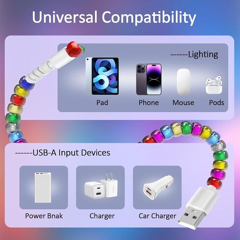 لسلك شاحن iPhone 3.3 قدم لؤلؤة أنيقة شحن USB كابل 66W نقل السرعة عالي السرعة USB إلى كبل iPhone متوافق مع iPhone 14/13/12 PRO MAX/11/XS MAX/XR/XS/X/8/IPAD in Saudi Arabia