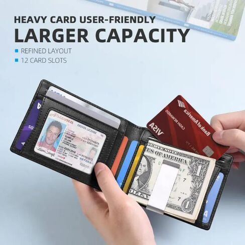 Slim Leather RFID Blocking Wallet for Men-Money Clip & Card Holder,Small Bifold Front Pocket Wallet with 12 Card Slots,Large Capacity & Minimalist Gifts for men (Orange) in Saudi Arabia