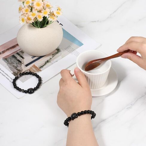 2 Pcs Cat Black Obsidian Wealth Prosperity Abundance Stone Bead Bracelet Women Bracelets Money Wealth Mood Beaded Bracelets Entrepreneur Business Luck Stretch Bracelet for Cat Lover Attraction in Saudi Arabia