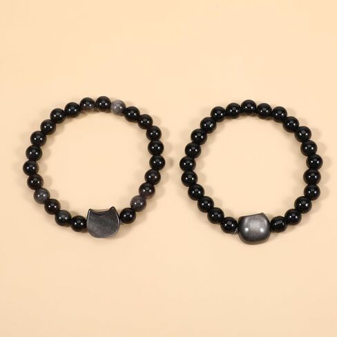 2 Pcs Cat Black Obsidian Wealth Prosperity Abundance Stone Bead Bracelet Women Bracelets Money Wealth Mood Beaded Bracelets Entrepreneur Business Luck Stretch Bracelet for Cat Lover Attraction in Saudi Arabia