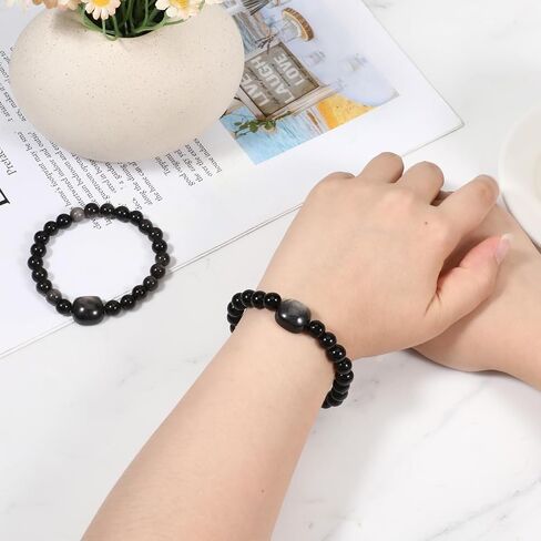 2 Pcs Cat Black Obsidian Wealth Prosperity Abundance Stone Bead Bracelet Women Bracelets Money Wealth Mood Beaded Bracelets Entrepreneur Business Luck Stretch Bracelet for Cat Lover Attraction in Saudi Arabia