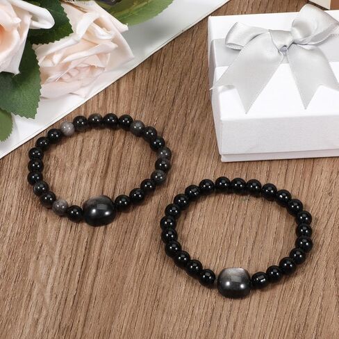 2 Pcs Cat Black Obsidian Wealth Prosperity Abundance Stone Bead Bracelet Women Bracelets Money Wealth Mood Beaded Bracelets Entrepreneur Business Luck Stretch Bracelet for Cat Lover Attraction in Saudi Arabia