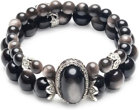 Natural Black Obsidian Beaded Bracelet for Women, Adjustable Stretch Elastic Crystal Healing Jewelry, Spiritual Protection Gift for Girlfriend Bestie - Birthday Valentine's Day Present in Saudi Arabia