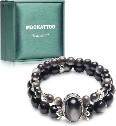 Natural Black Obsidian Beaded Bracelet for Women, Adjustable Stretch Elastic Crystal Healing Jewelry, Spiritual Protection Gift for Girlfriend Bestie - Birthday Valentine's Day Present in Saudi Arabia