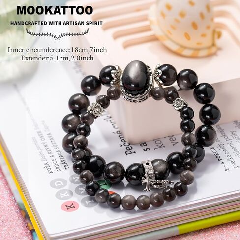 Natural Black Obsidian Beaded Bracelet for Women, Adjustable Stretch Elastic Crystal Healing Jewelry, Spiritual Protection Gift for Girlfriend Bestie - Birthday Valentine's Day Present in Saudi Arabia