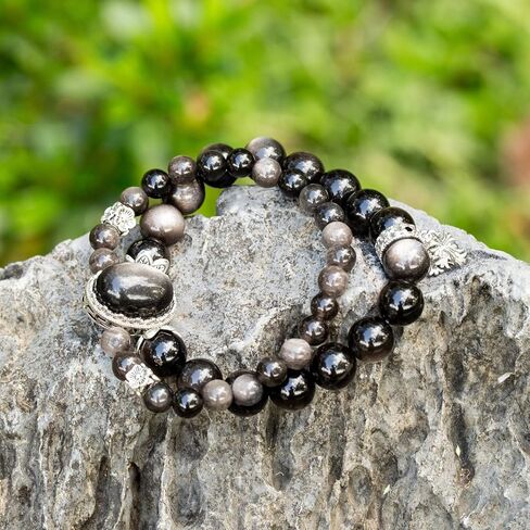 Natural Black Obsidian Beaded Bracelet for Women, Adjustable Stretch Elastic Crystal Healing Jewelry, Spiritual Protection Gift for Girlfriend Bestie - Birthday Valentine's Day Present in Saudi Arabia