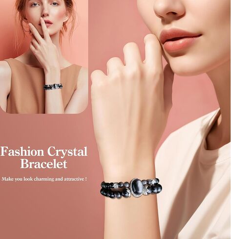 Natural Black Obsidian Beaded Bracelet for Women, Adjustable Stretch Elastic Crystal Healing Jewelry, Spiritual Protection Gift for Girlfriend Bestie - Birthday Valentine's Day Present in Saudi Arabia