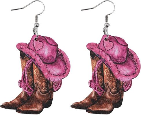 Pink Cowboy Cowgirl Hat Boots Earrings for Women Double-sided Wood Dangle Western Earrings Jewelry Accessories for Cosplay Costume Halloween Party Decorations in Kuwait