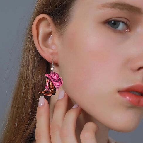 Pink Cowboy Cowgirl Hat Boots Earrings for Women Double-sided Wood Dangle Western Earrings Jewelry Accessories for Cosplay Costume Halloween Party Decorations in Kuwait