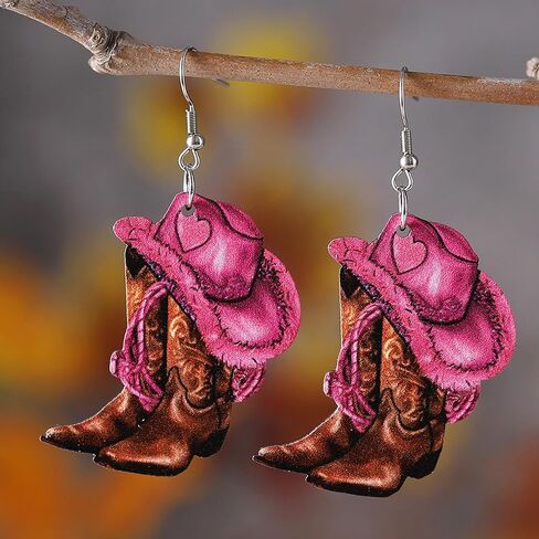 Pink Cowboy Cowgirl Hat Boots Earrings for Women Double-sided Wood Dangle Western Earrings Jewelry Accessories for Cosplay Costume Halloween Party Decorations in Kuwait