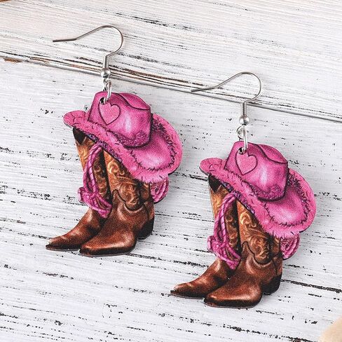 Pink Cowboy Cowgirl Hat Boots Earrings for Women Double-sided Wood Dangle Western Earrings Jewelry Accessories for Cosplay Costume Halloween Party Decorations in Kuwait