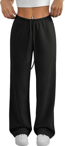 Athmile Womens Wide Leg sweatpants اليوغا ساق مستقيمة منخفضة الرباط مرنة منخفضة الخصر سقوط السقوط مع جيوب 2025 in Kuwait