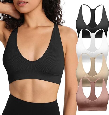 INIBUD Sports Bra for Women Halter V-Neck Racerback Minimizer Padded Bralettes Longline Crop Tops Seamless Workout in Kuwait