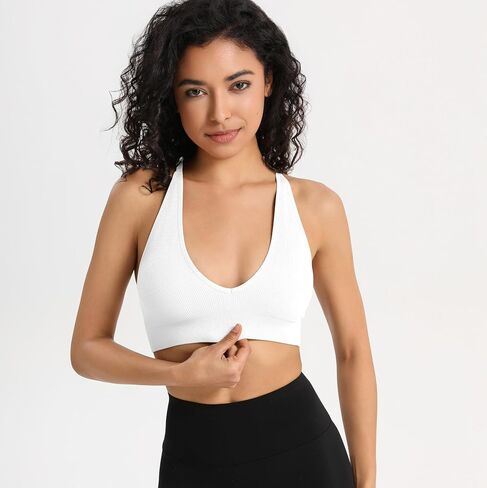 INIBUD Sports Bra for Women Halter V-Neck Racerback Minimizer Padded Bralettes Longline Crop Tops Seamless Workout in Kuwait