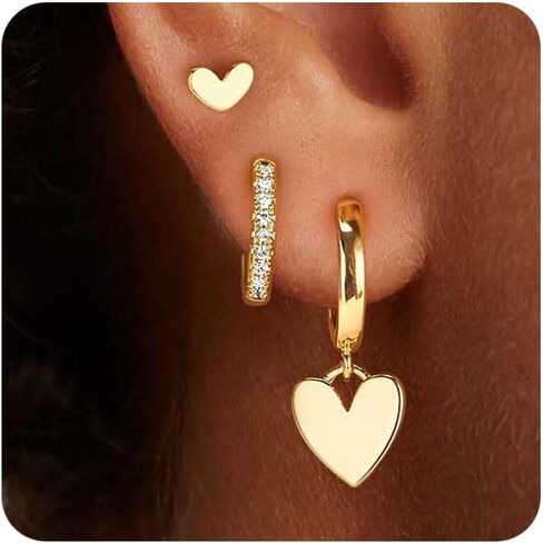 Vacrona 3 أزواج أقراط ذهبية محددة للنساء العصرية 14K الذهب المطلي بقلب القلب الأطواق الأطواق الأطواق الصغيرة البسيطة تشيك توريدي in Kuwait