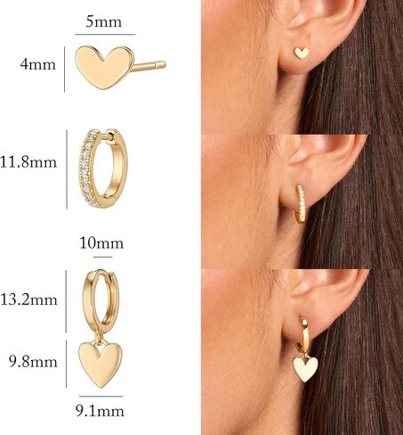 Vacrona 3 أزواج أقراط ذهبية محددة للنساء العصرية 14K الذهب المطلي بقلب القلب الأطواق الأطواق الأطواق الصغيرة البسيطة تشيك توريدي in Kuwait