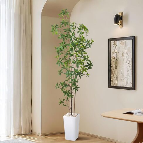 Artificial Brave Ficus Tree 7FT-Faux Tree with White Tall Planter-Fake Potted Tree with Silk Leaves-Tall Artificial Plants for Home Office Living Room Hallway Decor Indoor in Kuwait