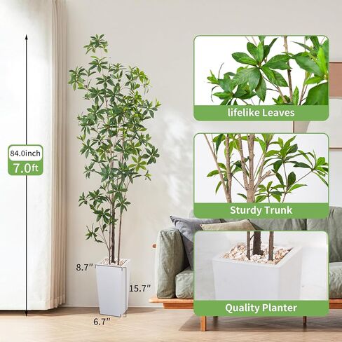 Artificial Brave Ficus Tree 7FT-Faux Tree with White Tall Planter-Fake Potted Tree with Silk Leaves-Tall Artificial Plants for Home Office Living Room Hallway Decor Indoor in Kuwait