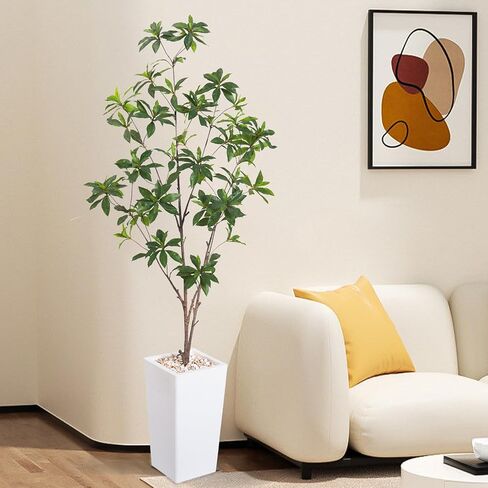 Artificial Brave Ficus Tree 7FT-Faux Tree with White Tall Planter-Fake Potted Tree with Silk Leaves-Tall Artificial Plants for Home Office Living Room Hallway Decor Indoor in Kuwait