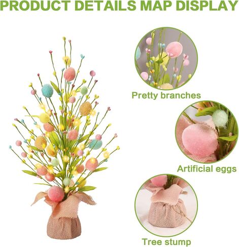RoseCraft Easter Decorations, Artificial 18 Inch Pre-Lit Easter Egg Tree Tabletop Decor with Delicate Ornaments, for Home Party Wedding Holiday Spring Summer Decoration, Pink/Blue/Yellow. in Saudi Arabia