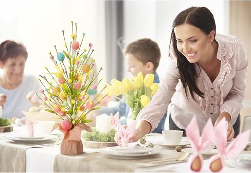 RoseCraft Easter Decorations, Artificial 18 Inch Pre-Lit Easter Egg Tree Tabletop Decor with Delicate Ornaments, for Home Party Wedding Holiday Spring Summer Decoration, Pink/Blue/Yellow. in Saudi Arabia