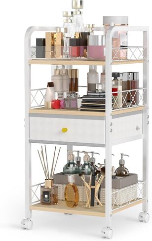 Makeup Organizer Cart with Drawers, Rolling Bathroom Organizers and Storage- Versatile Skincare Perfume Storage Vanity Organizer, Natural Wood and White Iron in Saudi Arabia