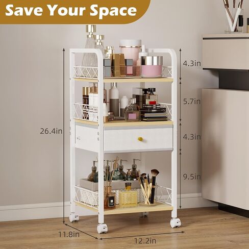 Makeup Organizer Cart with Drawers, Rolling Bathroom Organizers and Storage- Versatile Skincare Perfume Storage Vanity Organizer, Natural Wood and White Iron in Saudi Arabia