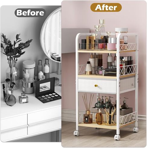 Makeup Organizer Cart with Drawers, Rolling Bathroom Organizers and Storage- Versatile Skincare Perfume Storage Vanity Organizer, Natural Wood and White Iron in Saudi Arabia