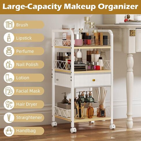 Makeup Organizer Cart with Drawers, Rolling Bathroom Organizers and Storage- Versatile Skincare Perfume Storage Vanity Organizer, Natural Wood and White Iron in Saudi Arabia