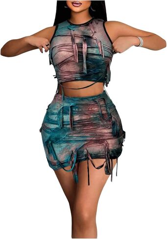 Floerns Women's 2 Piece Outfit Tie Dye Fringe Trim Crop Tank Top with Mini Skirt Set in Saudi Arabia