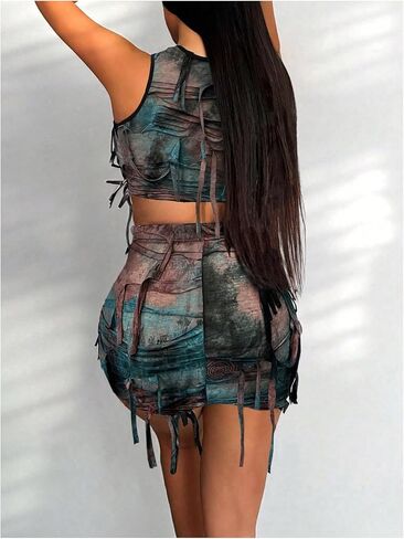 Floerns Women's 2 Piece Outfit Tie Dye Fringe Trim Crop Tank Top with Mini Skirt Set in Saudi Arabia