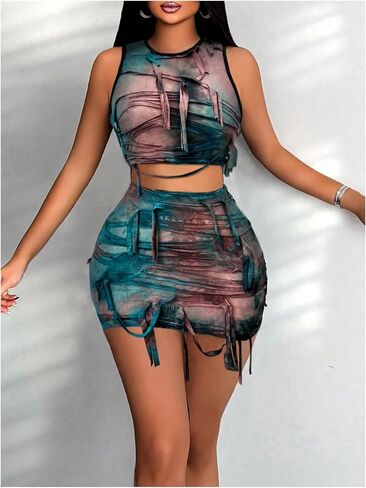 Floerns Women's 2 Piece Outfit Tie Dye Fringe Trim Crop Tank Top with Mini Skirt Set in Saudi Arabia