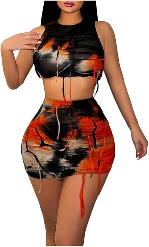 Floerns Women's 2 Piece Outfit Tie Dye Fringe Trim Crop Tank Top with Mini Skirt Set in Saudi Arabia