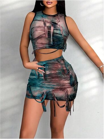 Floerns Women's 2 Piece Outfit Tie Dye Fringe Trim Crop Tank Top with Mini Skirt Set in Saudi Arabia